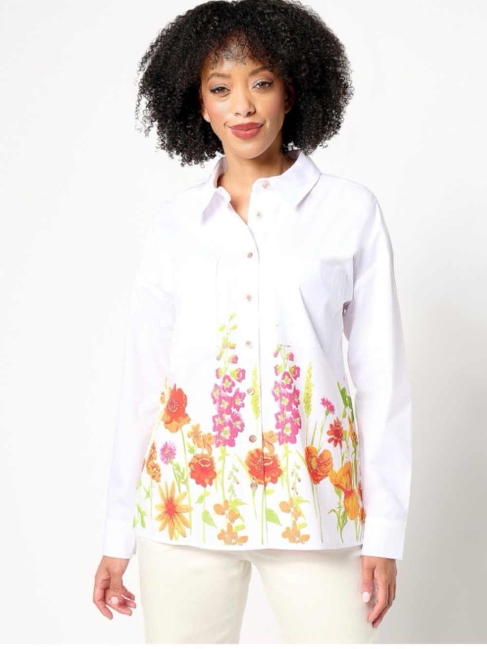 Women with Control Regular Button Front Shirt with Border Print Sz 1X White